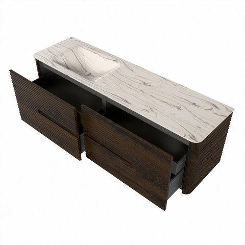 Mondiaz CIRO-DLUX Badkamermeubelset - 160x45x50cm - Solid surface wastafel Nata - 1 wasbak Links - zonder kraangaten - 4 lades - Walnut SW1530612