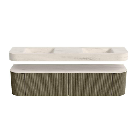 MONDIAZ THOR-DLUX 190cm meuble de salle de bains arrondi gauche + droite couleur Shadow avec 2 tiroirs et 2 portes. Vasque suspendue CLOUD Double 2 trous de robinet couleur Meli. SW1466746