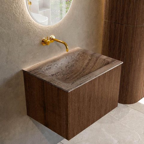 MONDIAZ KURVE-DLUX Meuble de salle de bains 60cm couleur Walnut avec 1 tiroir et 0 porte. Lavabo CLOUD au milieu sans trou de robinet Oza. SW1432701