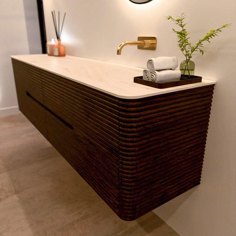 Mondiaz CIRO-DLUX Meuble de salle de bains - 180x45x50cm - Plan vasque solid surface Meli - 1 vasque à droite - sans trous de robinetterie - 4 tiroirs - Noyer SW1530539