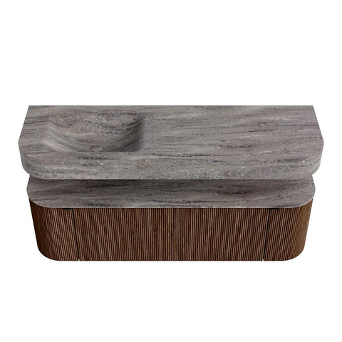 MONDIAZ THOR-DLUX 150cm badmeubel ronding links + rechts kleur Walnut met 1 lade en 2 deuren. Vrijhangende wastafel CLOUD Links zonder kraangat kleur Oza. SW1464836