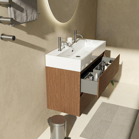 Saniclass Holz Pure Badkamermeubelset - 100x45x72cm - Legend keramische wastafel wit - 1 wasbak - 2 kraangaten - 2 lades - mat walnut pure (hout) SW1478509
