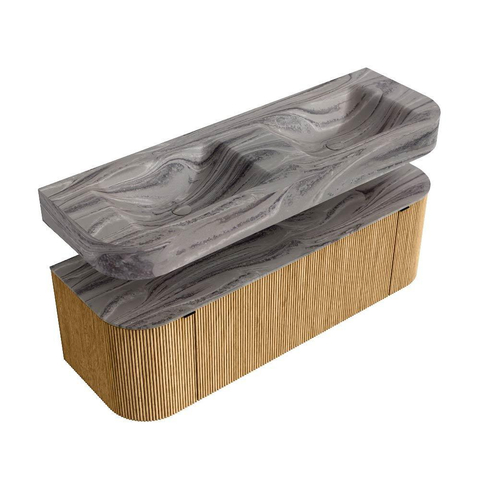 MONDIAZ THOR-DLUX Meuble de salle de bains 140cm arrondi gauche + droite couleur Oak avec 1 tiroir et 2 portes. Vasque suspendue CLOUD Double 2 trous de robinet couleur Sombra. SW1464408