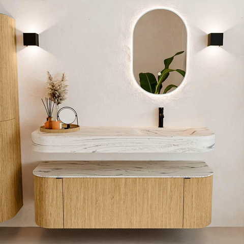 MONDIAZ THOR-DLUX 140cm badmeubel ronding links + rechts kleur Oak met 1 lade en 2 deuren. Vrijhangende wastafel CLOUD Rechts 1 kraangat kleur Nata. SW1464421
