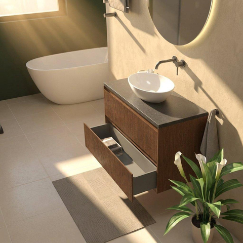 Saniclass Holz Atelier Ensemble meuble de salle de bains - 100x45x63cm - plan vasque en basalte Noche poli (noir) - sans trou de robinetterie - 2 tiroirs - walnut pure mat (bois) SW1478552