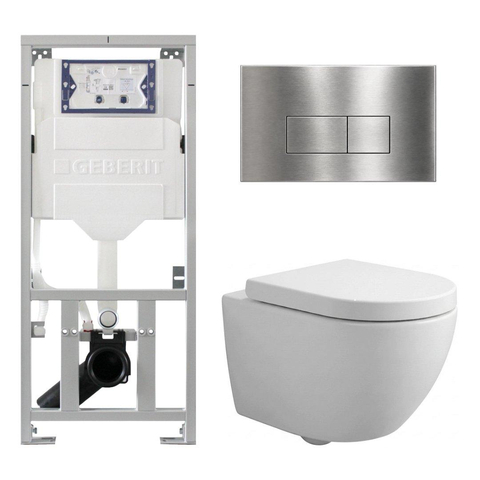Pack WC QeramiQ Dely Swirl Compact - réservoir encastrable Geberit UP320 - avec bâti-support Burda - abattant 25 mm - plaque de commande en métal inox - boutons rectangulaires - blanc mat SW1595662