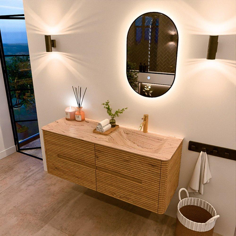 Mondiaz CIRO-DLUX Ensemble de meubles de salle de bains - 130x45x50cm - Vasque en solid surface Arena - 1 bassin à droite - 1 trou de robinet - 4 tiroirs - Chêne SW1531350