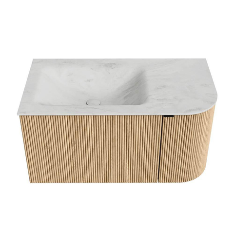 MONDIAZ KURVE-DLUX Meuble de salle de bains 85 cm avec module 25 R couleur Oak avec 1 tiroir et 1 porte. Lavabo CLOUD gauche sans trou de robinet couleur Opalo. SW1138551