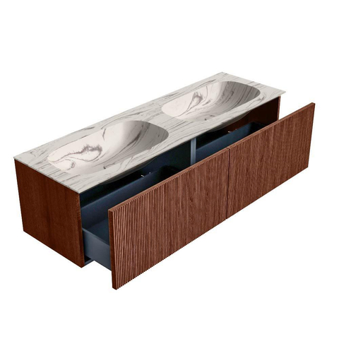 MONDIAZ KURVE-DLUX 150cm meuble de salle de bains couleur Ruby avec 2 tiroirs et 0 portes. Lavabo STOR SMALL Double sans trou de robinet Nata. SW1432582