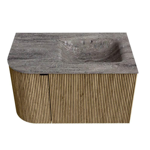 MONDIAZ KURVE-DLUX Meuble de salle de bains 75cm arrondi à gauche couleur Dusk avec 1 tiroir et 1 porte. Lavabo GRUNNE à droite 1 trou de robinet Oza. SW1434043