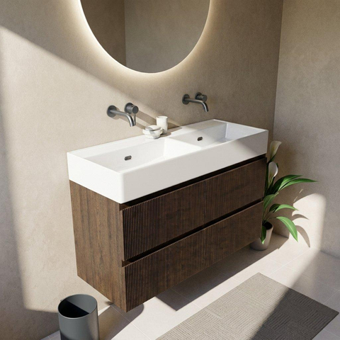 Saniclass Holz Atelier Ensemble de meubles de salle de bains - 120x45x72cm - Legend lavabo en céramique blanc - 2 vasques - sans trous de robinetterie - 2 tiroirs - chêne charcoal mat (bois) SW1478507