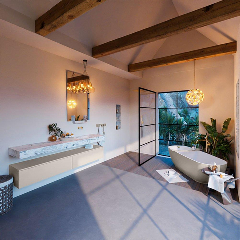 Mondiaz ALAN-DLUX Ensemble de meuble - 200cm - meuble Linen mat - 2 tiroirs - Lavabo Cloud Glace suspendu - vasque Droite - 0 trous de robinet SW806096