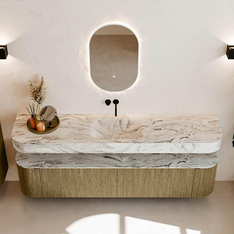 MONDIAZ THOR-DLUX 200cm meuble de salle de bains arrondi gauche + droite couleur Dusk avec 2 tiroirs et 2 portes. Vasque suspendue CLOUD Centre sans trou de robinet couleur Glace. SW1466838