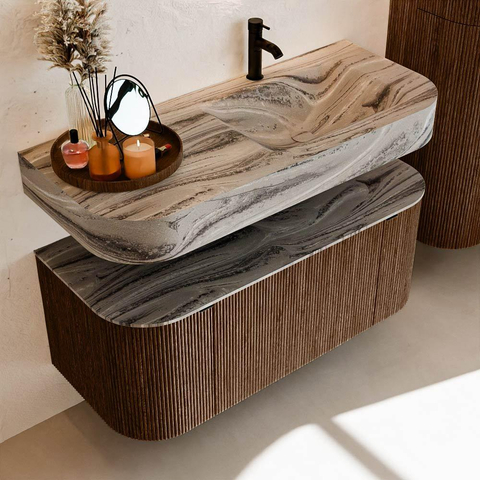 MONDIAZ THOR-DLUX Meuble de salle de bains - 110cm - arrondi gauche + droite - couleur Walnut - 1 tiroir et 2 portes - Vasque suspendue CLOUD Droite 1 trou de robinet - couleur Sombra SW1463036