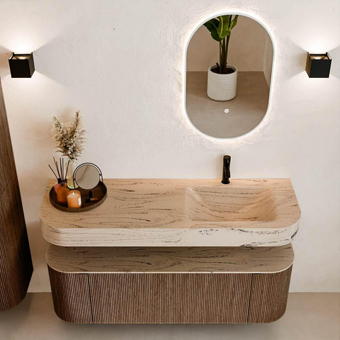 MONDIAZ THOR-DLUX 140cm meuble de salle de bains arrondi gauche + droite couleur Walnut avec 1 tiroir et 2 portes. Vasque suspendue CLOUD Droite 1 trou de robinet couleur Arena. SW1464368