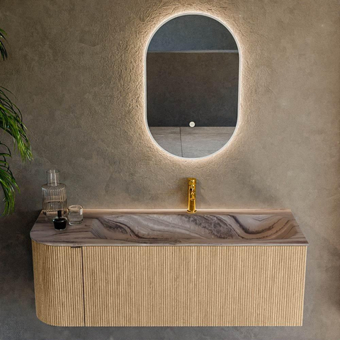 MONDIAZ KURVE-DLUX Meuble de salle de bains 125cm arrondi à gauche couleur Oak avec 1 tiroir et 1 porte. Lavabo BIG MEDIUM à droite 1 trou de robinet Sombra. SW1433576