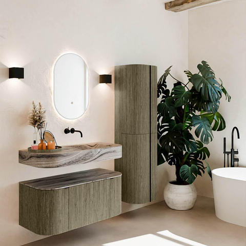MONDIAZ THOR-DLUX 100cm meuble de salle de bains arrondi gauche + droite couleur Shadow avec 1 tiroir et 2 portes. Vasque suspendue CLOUD Droite sans trou de robinet couleur Sombra. SW1467631