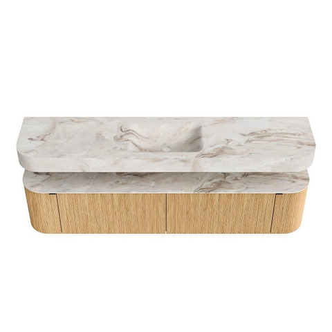 MONDIAZ THOR-DLUX 200cm meuble de salle de bains arrondi gauche + droite couleur Chêne avec 2 tiroirs et 2 portes. Vasque suspendue CLOUD Milieu sans trou de robinet couleur Frappe. SW1466945