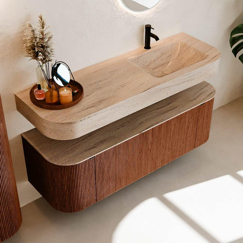 MONDIAZ THOR-DLUX 140cm meuble de salle de bains arrondi gauche + droite couleur Ruby avec 1 tiroir et 2 portes. Vasque suspendue CLOUD Droite 1 trou de robinet couleur Saba. SW1464350