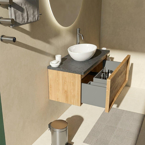 Saniclass Holz Frame Badkamermeubelset - 100x45x43cm - Noche basalten wastafelblad gepolijst (zwart) - 1 kraangat - 1 lade - mat eiken natural (hout) SW1478560