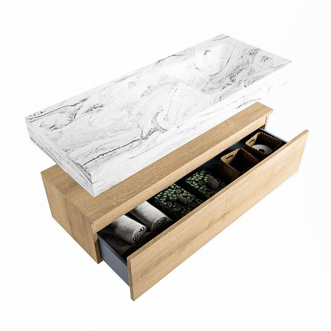 MONDIAZ ALAN - DLUX Badkamermeubelset - 120cm - onderkast - Washed Oak - 1 lade - vrijhangende wastafel - wasbak rechts - 1 kraangat - Glace SW808881