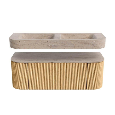 MONDIAZ THOR-DLUX Meuble de salle de bains - 130cm - arrondi gauche + droite - couleur Oak - 1 tiroir et 2 portes - Vasque suspendue CLOUD Double sans trou de robinet - couleur Saba SW1464042