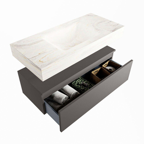 Mondiaz ALAN-DLUX Ensemble de meuble - 100cm - meuble Dark grey mat - 1 tiroir - Lavabo Cloud Ostra suspendu - vasque Centre - 0 trous de robinet SW807609