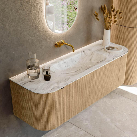 MONDIAZ KURVE-DLUX Meuble de salle de bains 140 cm avec module 25 Len R couleur Chêne avec 1 tiroir et 2 portes. Lavabo BIG SMALL central sans trou de robinetterie couleur Glace. SW1137937