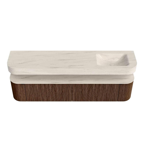 MONDIAZ THOR-DLUX Meuble de salle de bains - 200cm - arrondi gauche + droite - couleur Walnut - 2 tiroirs - 2 portes - Vasque suspendue CLOUD Droite 1 trou de robinet - couleur Meli SW1467105