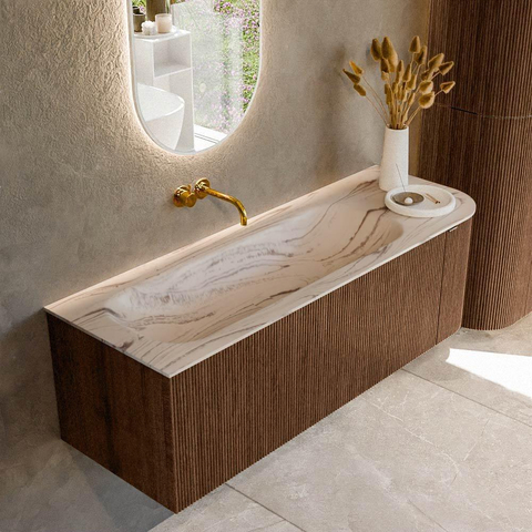 MONDIAZ KURVE-DLUX Meuble de salle de bains 135cm arrondi à droite couleur Walnut avec 1 tiroir et 1 porte. Lavabo BIG MEDIUM gauche sans trou de robinet Nata. SW1432194
