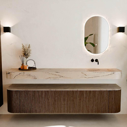 MONDIAZ THOR-DLUX Meuble de salle de bains - 200cm - arrondi gauche + droite - couleur Walnut - 2 tiroirs et 2 portes - Vasque suspendue CLOUD droite sans trou de robinet - couleur Arena SW1467062