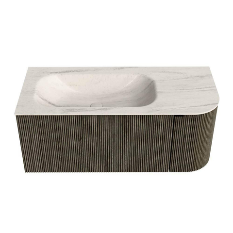 MONDIAZ KURVE-DLUX meuble de salle de bain 105cm arrondi à droite couleur Shadow avec 1 tiroir et 1 porte. Lavabo BIG SMALL à gauche sans trou de robinetterie Meli. SW1431765