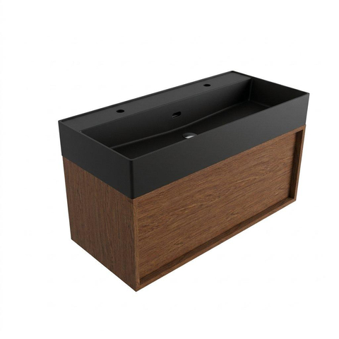 Saniclass Holz Frame Badkamermeubelset - 100x45x52cm - Legend keramische wastafel mat zwart - 1 wasbak - 2 kraangaten - 1 lade - mat walnut pure (hout) SW1579694