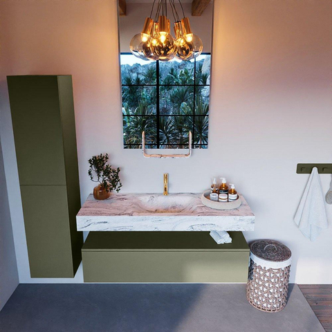Mondiaz ALAN-DLUX Ensemble de meuble - 130cm - meuble Army mat - 1 tiroir - Lavabo Cloud Glace suspendu - vasque Centre - 1 trou de robinet SW806119