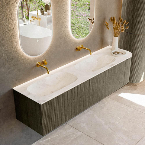 Mondiaz KURVE-DLUX Ensemble de meuble de salle de bains - 175x46x40cm - 2 tiroirs - 1 porte - lavabo solid surface - double / gauche - sans trou de robinet - Shadow SW1416096