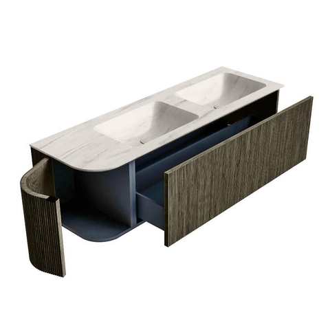 MONDIAZ KURVE-DLUX Meuble de salle de bains 145cm arrondi gauche couleur Shadow avec 1 tiroir et 1 porte. Lavabo LEAF Double / Droite 2 trous de robinet Meli. SW1431835