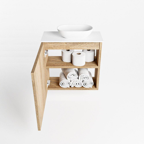 Mondiaz Fowy meuble de toilette - 50x50x23cm - chêne blanchi mat - 1 trou de robinet - lavabo à droite - 1 porte - solid surface - plan Mélamine - lavabo : blanc SW761414