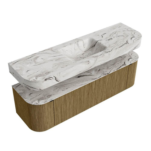 MONDIAZ THOR-DLUX 160cm meuble de salle de bains arrondi gauche + droite couleur Dusk avec 1 tiroir et 2 portes. Vasque suspendue CLOUD Milieu 1 trou de robinet couleur Glace. SW1465038