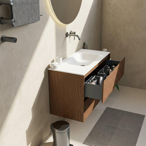 Saniclass Holz Pure Ensemble meuble salle de bains - 100x45x61.5cm - lavabo Flow en solid surface blanc - 1 vasque - sans trou de robinet - 2 tiroirs - noyer pure mat (bois) SW1478400