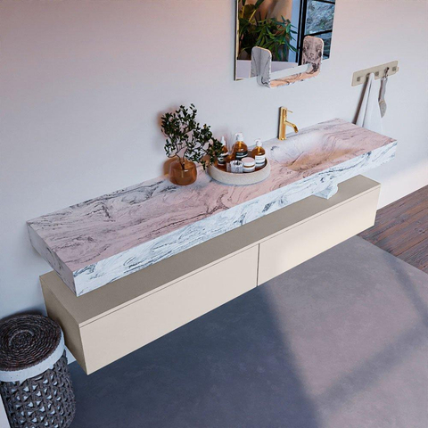 Mondiaz ALAN-DLUX Ensemble de meuble - 200cm - meuble Linen mat - 2 tiroirs - Lavabo Cloud Glace suspendu - vasque Droite - 1 trou de robinet SW806079