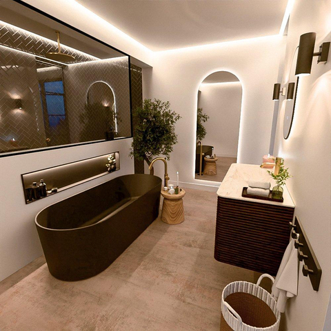 Mondiaz CIRO-DLUX Meuble de salle de bains - 110x45x50cm - Vasque en solid surface Ostra - 1 bassin à gauche - 1 trou de robinet - 2 tiroirs - Noyer SW1530355