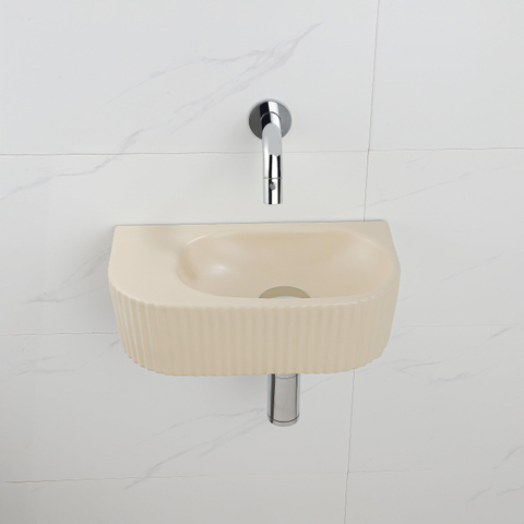 QeramiQ Fuente pack lave-mains – demi-rond – 40 x 21,5 x 12 cm – céramique beige – robinet chromé – cannelé SW1233081
