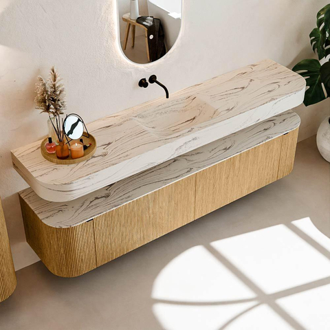 MONDIAZ THOR-DLUX 200cm meuble de salle de bains arrondi gauche + droite couleur Oak avec 2 tiroirs et 2 portes. Vasque suspendue CLOUD Milieu sans trou de robinet couleur Nata. SW1467141