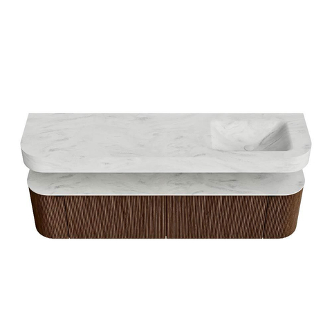 MONDIAZ THOR-DLUX 180cm meuble de salle de bains arrondi gauche + droite couleur Walnut avec 2 tiroirs et 2 portes. Vasque suspendue CLOUD droite sans trou de robinet couleur Opalo. SW1465962