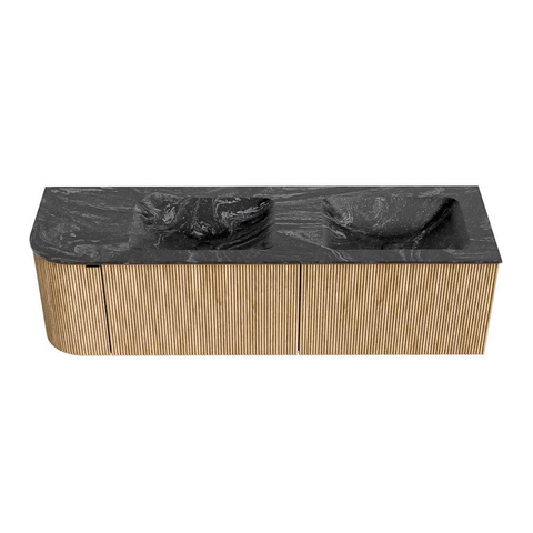 MONDIAZ KURVE-DLUX Meuble de salle de bains 155 cm avec module 25 L couleur Chêne avec 2 tiroirs et 1 porte. Lavabo LEAF double / droite sans trou de robinet couleur Lava. SW1137166