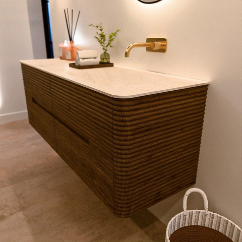Mondiaz CIRO-DLUX Badkamermeubelset - 140x45x50cm - Solid surface wastafel Meli - 1 wasbak Rechts - zonder kraangaten - 4 lades - Dusk SW1533164