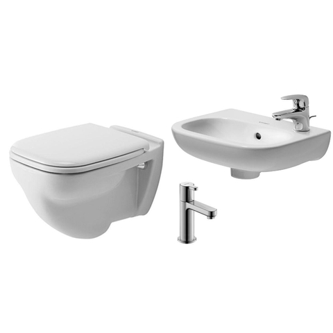 Duravit D Code Ensemble de toilette à fond creux 35.5x54.5cm avec abattant, lave-mains avec trou de robinet droite 36x27cm blanc et robinet chrome SW491623
