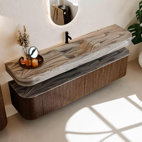 MONDIAZ THOR-DLUX Meuble de salle de bains 190cm arrondi gauche + droite couleur Walnut avec 2 tiroirs et 2 portes. Vasque suspendue CLOUD Milieu 1 trou de robinet couleur Sombra. SW1466710