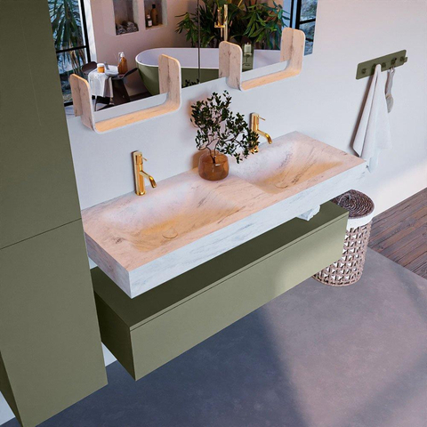 Mondiaz ALAN-DLUX Ensemble de meuble - 130cm - meuble Army mat - 1 tiroir - Lavabo Cloud Opalo suspendu - vasque Gauche et droite - 2 trous de robinet SW806707