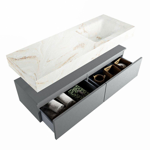 Mondiaz ALAN-DLUX Ensemble de meuble - 130cm - meuble Plata mat - 2 tiroirs - Lavabo Cloud Frappe suspendu - vasque Droite - 1 trou de robinet SW805501